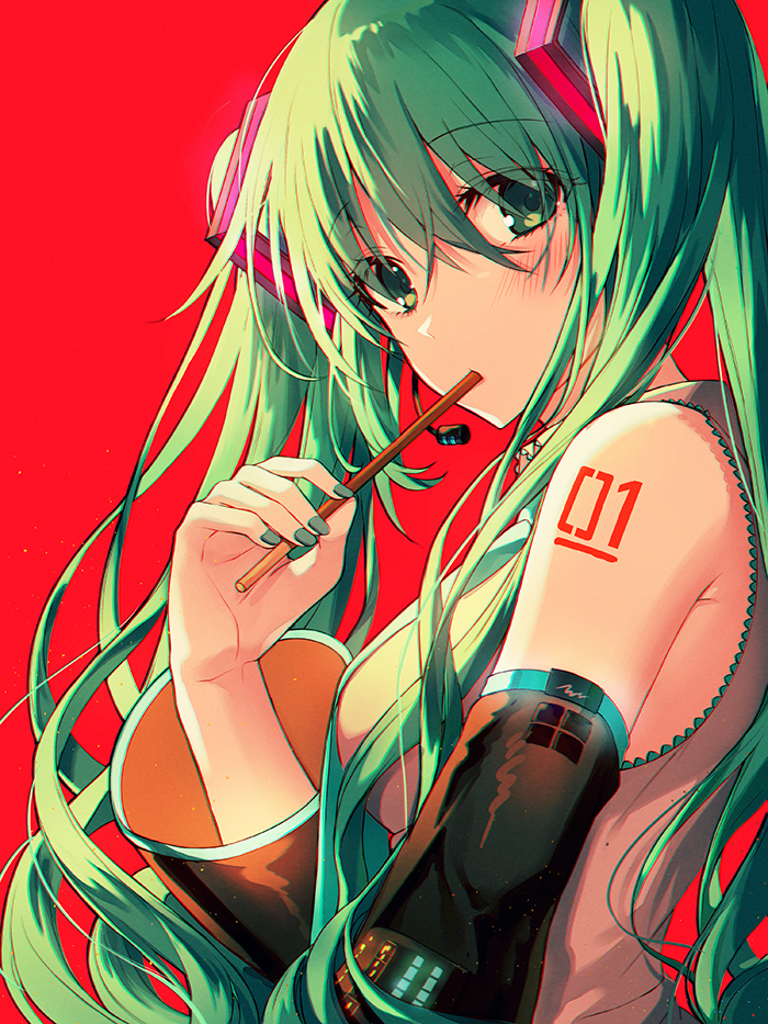 1girl aqua_eyes aqua_hair aqua_nails bare_shoulders breasts detached_sleeves grey_shirt hair_between_eyes hair_ornament hand_up hatsune_miku kh_(kh_1128) long_hair long_sleeves looking_at_viewer looking_to_the_side medium_breasts mouth_hold nail_polish red_background shirt simple_background solo tattoo twintails upper_body vocaloid