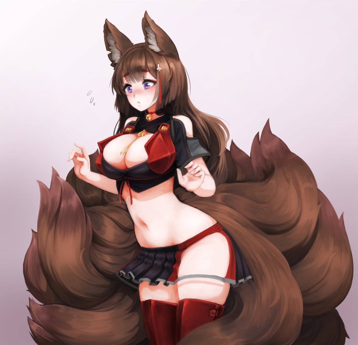 1girl adapted_costume amagi_(azur_lane) amagi_(kantai_collection) amagi_(kantai_collection)_(cosplay) animal_ear_fluff animal_ears azur_lane bangs barbariank bare_shoulders bell bell_choker blunt_bangs blush breasts brown_hair choker commentary cosplay english_commentary eyebrows_visible_through_hair flying_sweatdrops fox_ears fox_tail gradient gradient_background hair_ornament hip_vent jingle_bell kantai_collection large_breasts long_hair multiple_tails namesake navel nose_blush pleated_skirt simple_background skirt solo stomach tail violet_eyes