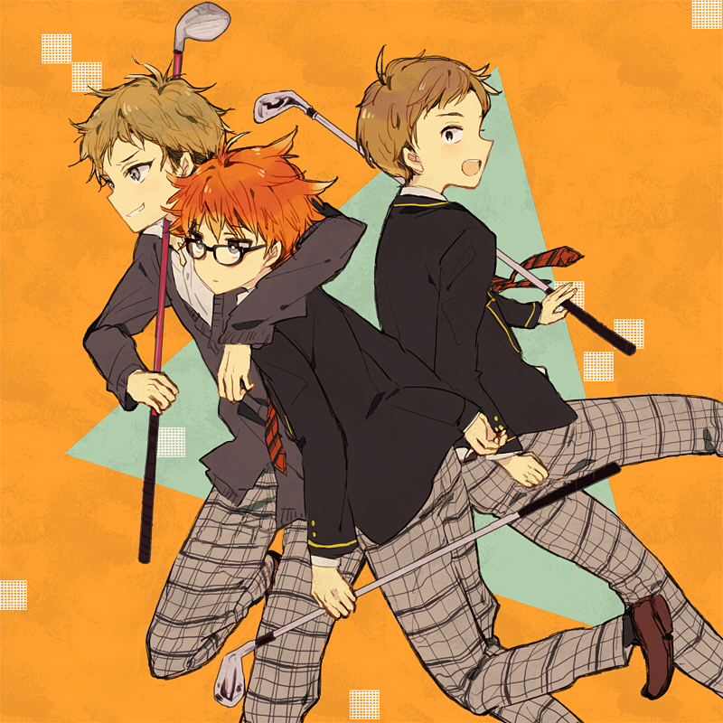 3boys :d arm_around_shoulder black-framed_eyewear brown_footwear glasses golf_club grey_eyes hatohara_robato holding_golf_club male_focus multiple_boys nakata_tomoya necktie open_mouth orange_background orange_hair osanai_rion pants plaid plaid_pants red_neckwear robot_x_laserbeam school_uniform simple_background smile striped striped_neckwear yukino_(pixiv)