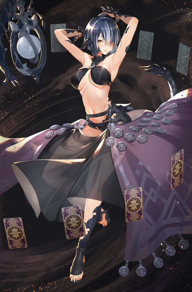 1girl arabian_clothes armpits arms_up au_ra bandeau bangs bare_shoulders black_footwear blue_hair blush breasts card commentary dancer dancer_(final_fantasy) dragon_girl dragon_tail english_commentary eyebrows_visible_through_hair final_fantasy final_fantasy_xiv full_body hair_over_one_eye harem_outfit harem_pants medium_breasts navel open_mouth pants raijuu_(bakanara) revealing_clothes sandals scales short_hair simple_background solo tail under_boob yellow_eyes