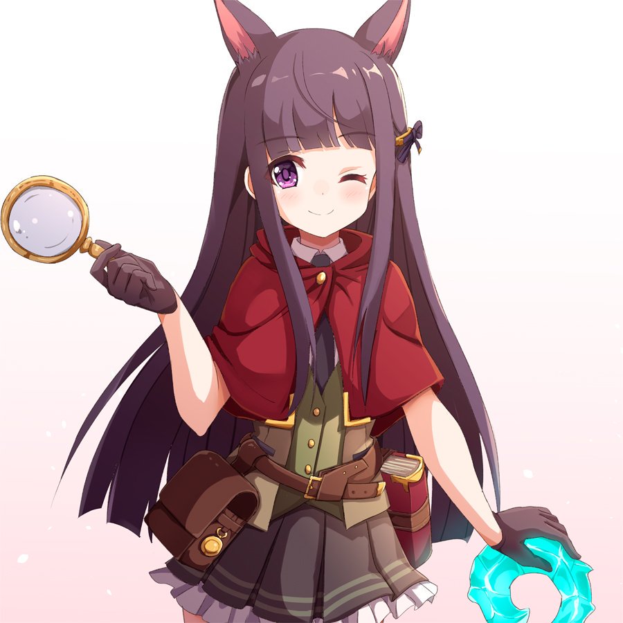 1girl ;) ame. animal_ear_fluff animal_ears bangs black_gloves black_neckwear black_skirt blunt_bangs blush brown_background capelet closed_mouth collared_shirt commentary_request eyebrows_visible_through_hair frilled_skirt frills gloves gradient gradient_background green_vest hand_up holding kirihara_kasumi long_hair looking_at_viewer necktie one_eye_closed pleated_skirt princess_connect! princess_connect!_re:dive purple_hair red_capelet shirt skirt smile solo very_long_hair vest violet_eyes white_background white_shirt