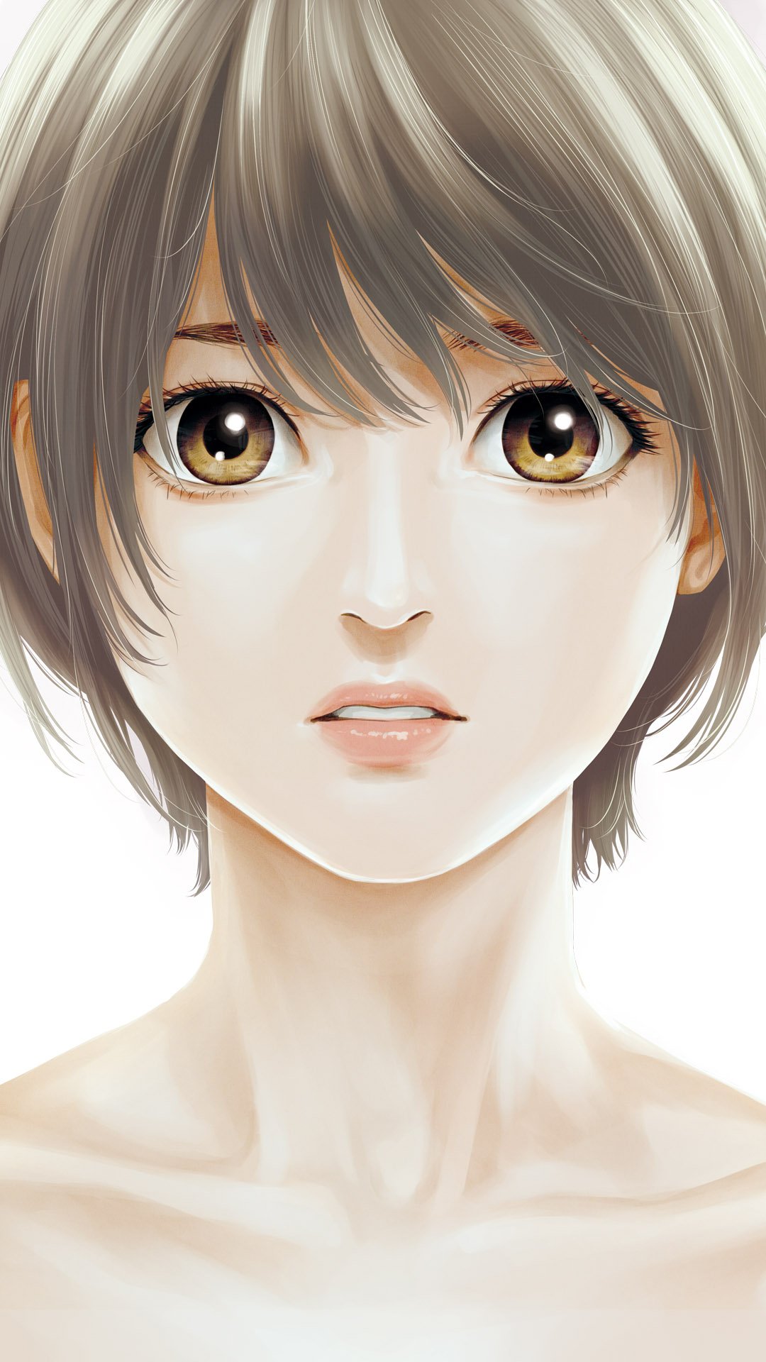 1girl brown_eyes close-up hare-kon. highres lips looking_at_viewer maezono_koharu non_(mangaka) nude parted_lips short_hair simple_background solo upper_body white_background