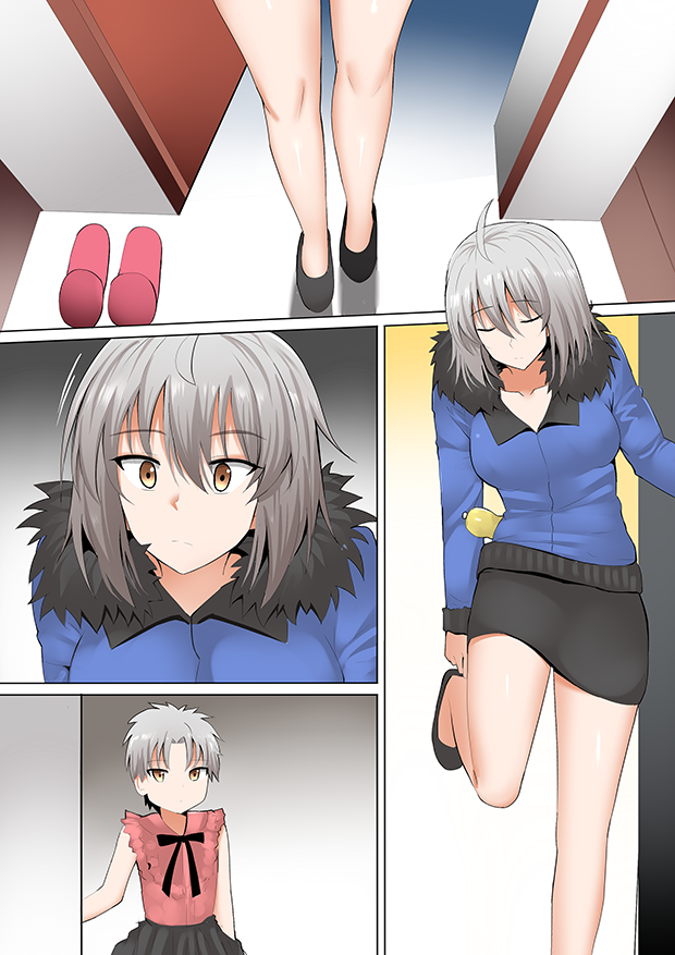1boy 1girl ahoge breasts closed_eyes collarbone commentary_request crossdressinging dishwashing_soap door dress expressionless fate/grand_order fate_(series) frown fur_collar ginhaha grey_hair jacket jeanne_d'arc_(alter)_(fate) jeanne_d'arc_(fate)_(all) large_breasts otoko_no_ko shoes_removed short_hair skirt slippers wooden_floor yellow_eyes