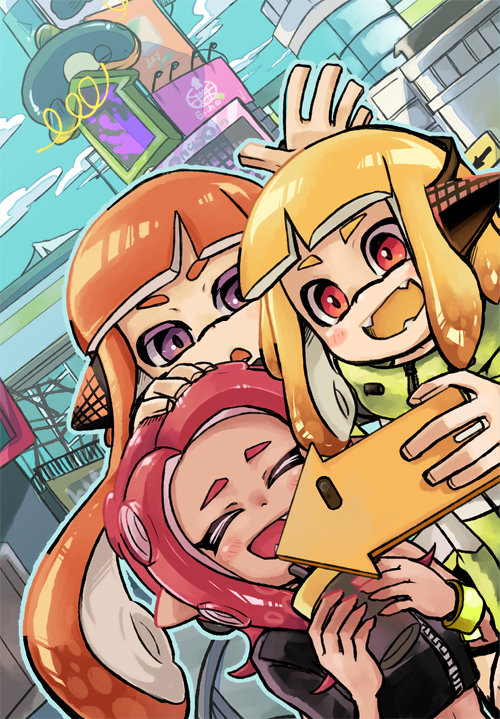 3girls cellphone city closed_eyes cup fangs inkling long_hair multiple_girls octoling open_mouth orange_hair phone pink_hair pointy_ears self_shot smartphone smile splatoon_(series) splatoon_2 squidbeak_splatoon tentacle_hair violet_eyes wanoka