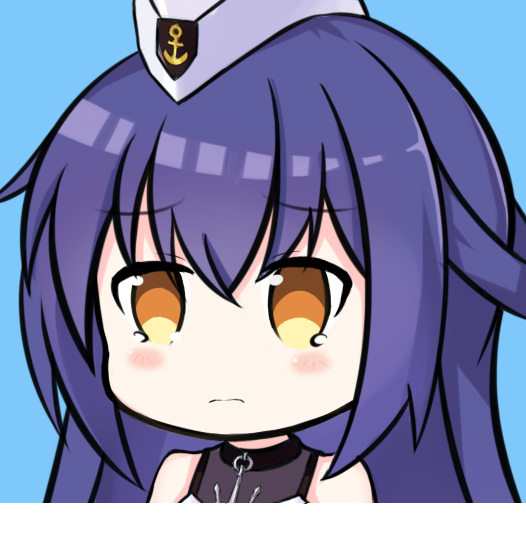 1girl anchor_symbol azur_lane bangs bare_shoulders blue_background blush brown_eyes closed_mouth dewey_(azur_lane) eyebrows_visible_through_hair garrison_cap hair_between_eyes hat light_frown long_hair looking_away nagato-chan portrait purple_hair simple_background sleeveless solo tears white_headwear