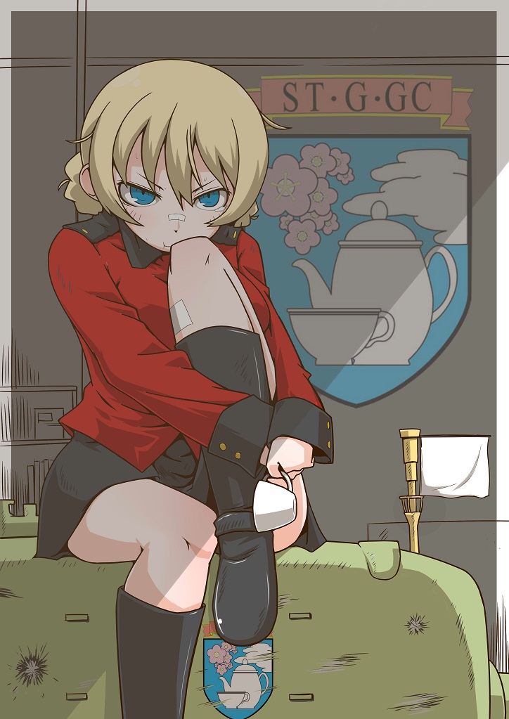 1girl :t bangs black_footwear black_skirt blonde_hair blue_eyes blush boots braid churchill_(tank) closed_mouth commentary cup darjeeling emblem epaulettes flag frown girls_und_panzer glaring ground_vehicle holding holding_cup jacket leg_hug long_sleeves looking_at_viewer military military_uniform military_vehicle miniskirt motor_vehicle pleated_skirt pout red_jacket short_hair sitting skirt solo st._gloriana's_(emblem) st._gloriana's_military_uniform tank teacup tied_hair twin_braids uniform white_flag zannen_na_hito