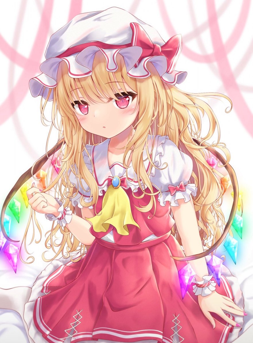 1girl alternate_hair_length alternate_hairstyle ascot bangs bed_sheet blonde_hair blush bow brooch commentary_request crystal eyebrows_visible_through_hair flandre_scarlet frilled_shirt_collar frills hand_up hat hat_bow jewelry liuliu long_hair looking_at_viewer mob_cap nail_polish no_shoes petticoat pink_nails pink_ribbon puffy_short_sleeves puffy_sleeves red_bow red_eyes red_skirt red_vest ribbon shirt short_sleeves sitting skirt solo touhou vest wariza white_background white_headwear white_legwear white_shirt wings wrist_cuffs yellow_neckwear