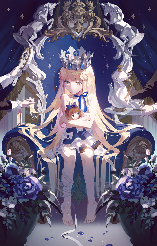 1girl 2others bandages barefoot blonde_hair blue_eyes blue_ribbon crown cup doll doll_hug dress fajyobore323 flower hair_brush long_hair multiple_others neck_ribbon original petals ribbon teacup teapot throne white_dress