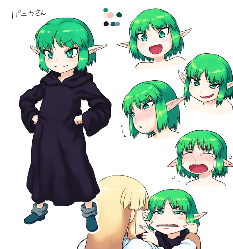 2girls blush character_request character_sheet cheek_pull color_guide crying ear_blush expressions eyebrows_visible_through_hair fang green_eyes green_hair hands_on_hips multiple_girls pointy_ears robe short_hair smirk tsukudani_(coke-buta) white_background