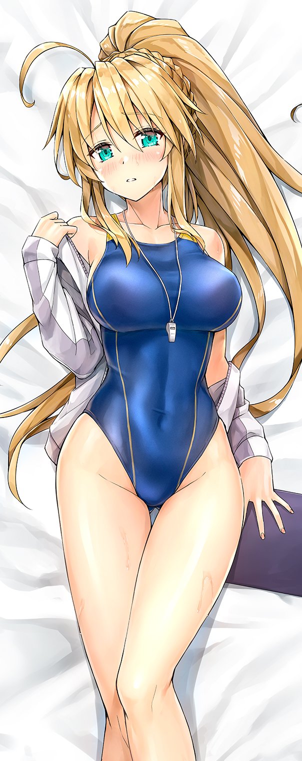 1girl ahoge ass_visible_through_thighs blonde_hair blush breasts competition_swimsuit covered_navel green_eyes highres kotatsu_(kotatsu358) large_breasts looking_at_viewer lying on_side one-piece_swimsuit original ponytail solo swimsuit swimsuit_under_clothes thigh_gap weapon whistle whistle_around_neck