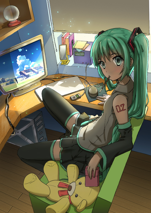 1girl aqua_eyes aqua_hair aqua_neckwear bare_shoulders black_legwear black_skirt black_sleeves blinds book box cabinet cable chair chinese_commentary commentary computer corner crystal_ball desk detached_sleeves eating food food_in_mouth grey_shirt hair_ornament hard_drive hatsune_miku holding holding_box indoors interior long_hair looking_at_viewer miniskirt mirror monitor mouse_(computer) mousepad necktie notepad pocky qian_mou_liang room shirt shoulder_tattoo sitting skirt sleeveless sleeveless_shirt solo stuffed_animal stuffed_toy tattoo teddy_bear thigh-highs twintails very_long_hair vocaloid window zettai_ryouiki