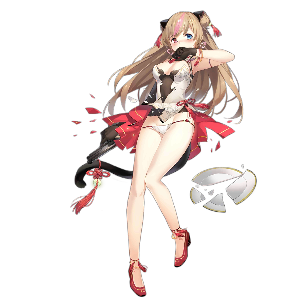 1girl alternate_costume anklet arm_at_side asymmetrical_gloves bare_legs black_dress black_gloves blue_eyes blush breasts brown_hair cleavage_cutout covered_navel double_bun dress earrings elbow_gloves full_body girls_frontline gloves gun h&amp;k_mark_23 hand_to_own_mouth handgun heart heart_earrings heckler_&amp;_koch jewelry knees_together_feet_apart layered_dress looking_at_viewer medium_breasts mk23_(girls_frontline) multicolored_hair official_art pigeon-toed sheska_xue short_dress single_elbow_glove solo standing streaked_hair torn_clothes transparent_background weapon white_dress