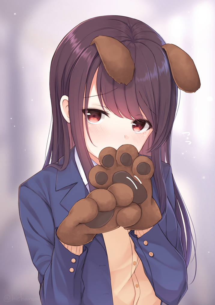 1girl animal_ears bangs blazer blue_jacket blurry blurry_background blush commentary_request covering_mouth depth_of_field dog_ears dog_girl embarrassed eyebrows_visible_through_hair flying_sweatdrops gloves hicha_nomu jacket long_hair long_sleeves looking_at_viewer motion_lines open_clothes open_jacket original paw_gloves paws purple_hair red_eyes school_uniform solo swept_bangs upper_body