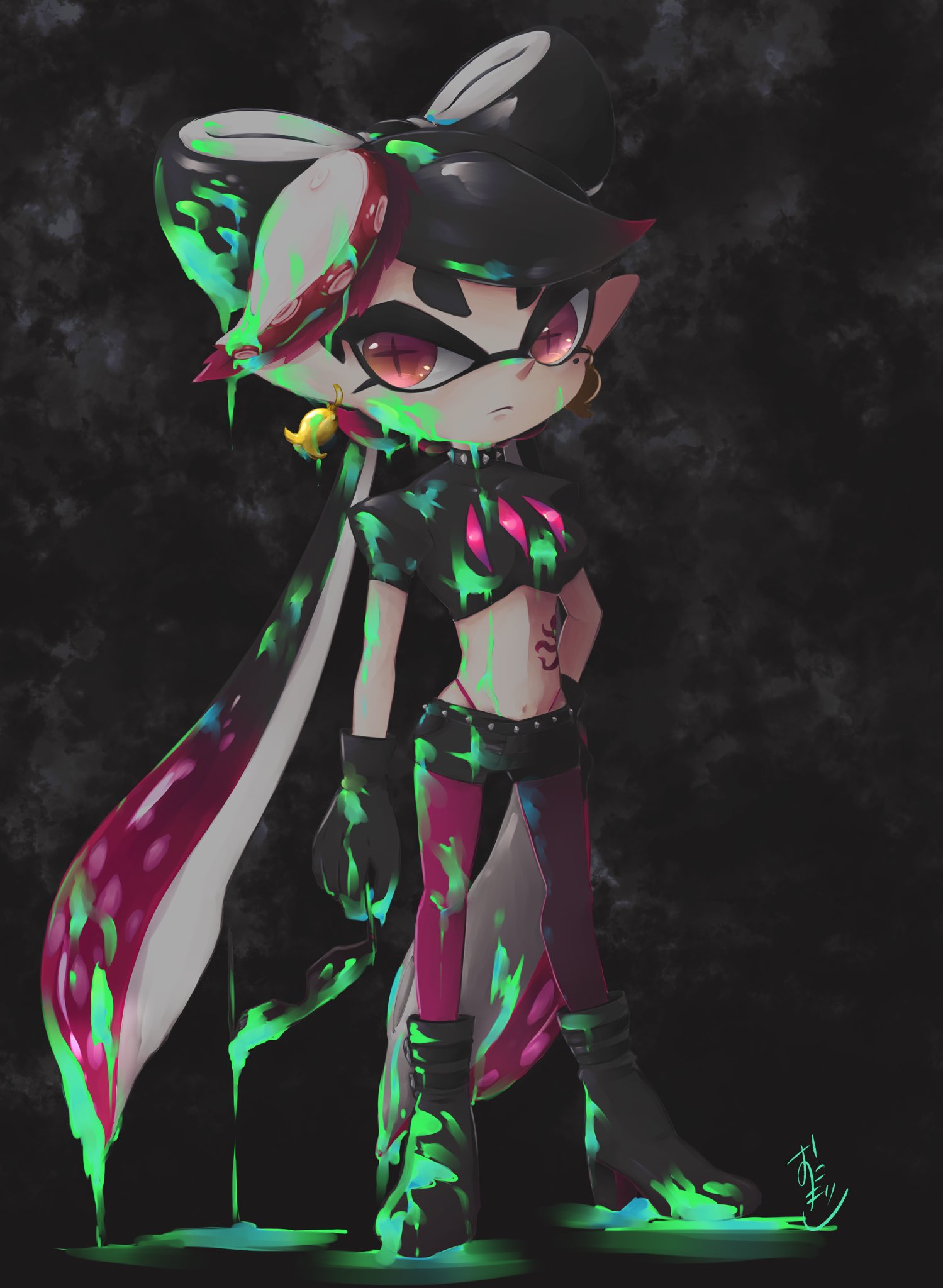 +_+ 1girl aori_(splatoon) belt black_belt black_gloves black_hair black_shirt collar domino_mask earrings food food_on_head frown gloves highleg highleg_panties highres ink jewelry legwear_under_shorts long_hair looking_at_viewer mask midriff mole mole_under_eye navel object_on_head okome_2g2g panties pantyhose pointy_ears purple_legwear shirt short_shorts short_sleeves shorts solo spiked_belt spiked_collar spikes splatoon_(series) splatoon_2 standing tattoo tentacle_hair underwear very_long_hair violet_eyes