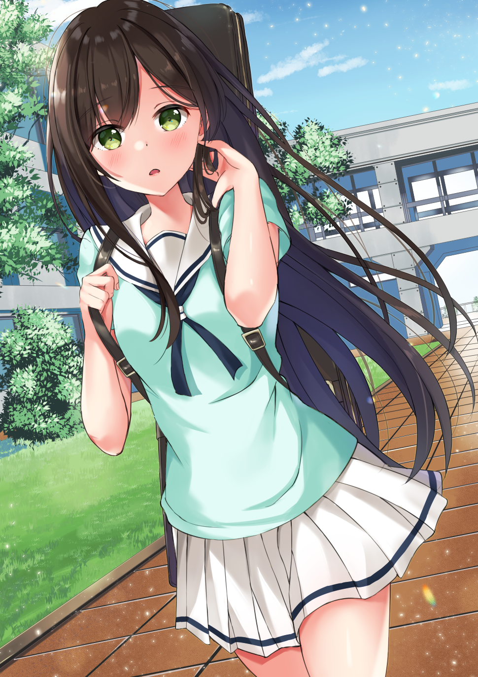 1girl :o arms_up bang_dream! bangs blush brown_hair building bush carrying clouds commentary eyebrows_visible_through_hair grass green_eyes green_shirt guitar_case hair_between_eyes hanasakigawa_school_uniform hanazono_tae hand_in_hair highres instrument_case light_particles long_hair looking_at_viewer miniskirt open_mouth parted_lips path pleated_skirt school school_uniform serafuku shirt short_sleeves sidelocks skirt sky solo sweetcheese thighs tree very_long_hair walking white_skirt window
