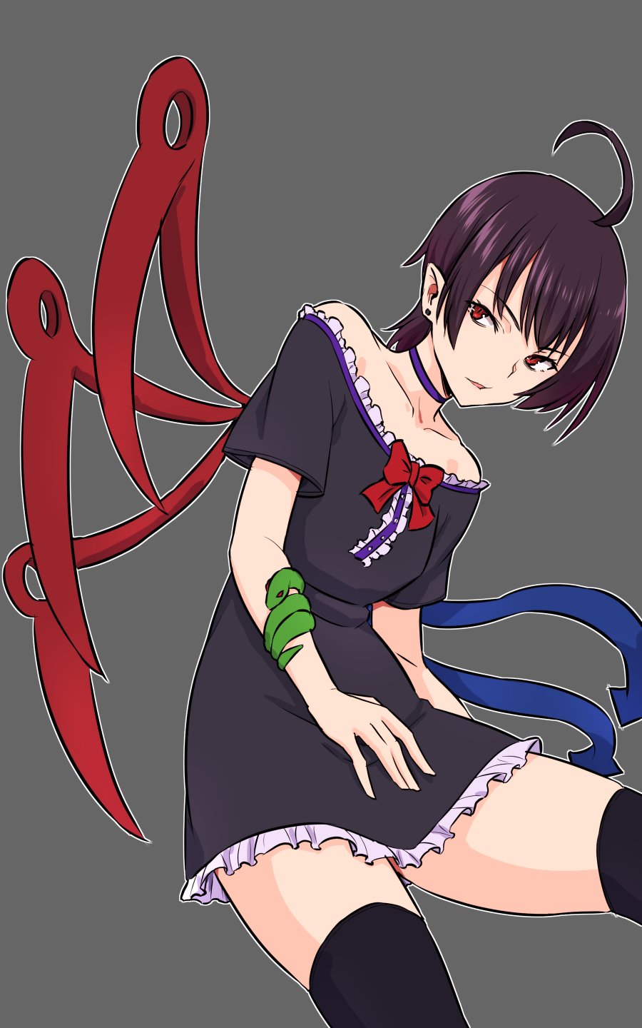 1girl ahoge asymmetrical_wings bangs bare_shoulders black_dress black_hair black_legwear blue_wings bow breasts center_frills choker collarbone commentary_request cowboy_shot dress earrings eyebrows_visible_through_hair grey_background highres houjuu_nue jewelry kakone looking_at_viewer off-shoulder_dress off_shoulder outline parted_lips petticoat pointy_ears purple_choker red_bow red_eyes red_wings short_dress short_hair short_sleeves simple_background small_breasts snake solo thigh-highs thighs touhou white_outline wings zettai_ryouiki
