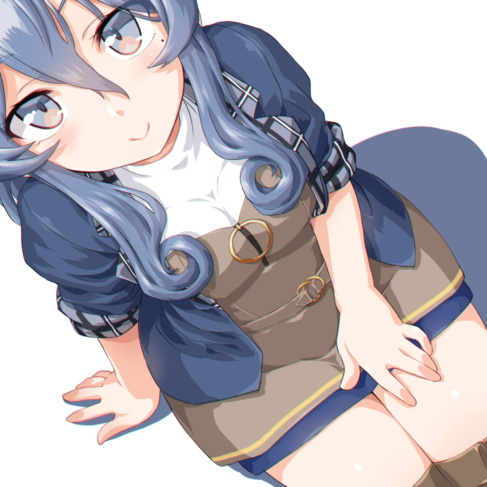 1girl blue_eyes blue_hair blush breasts closed_mouth dd_(ijigendd) eyebrows_visible_through_hair gotland_(kantai_collection) hair_between_eyes kantai_collection lips long_hair long_sleeves looking_at_viewer medium_breasts mole mole_under_eye short_sleeves simple_background sitting smile solo thigh-highs thighs white_background zettai_ryouiki