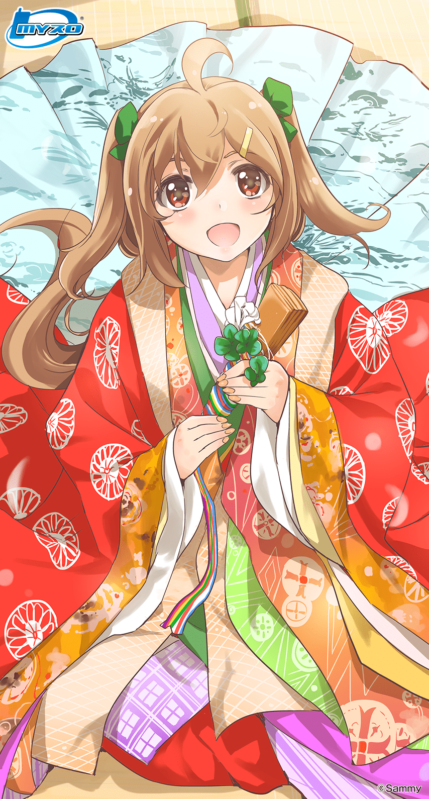 1girl ahoge bow brown_eyes brown_hair fan from_above green_bow hair_bow hair_ornament hairclip highres inoue_sora japanese_clothes kimono long_hair looking_at_viewer looking_up midori-chan_(myslot) myslot open_mouth seiza sitting smile solo tatami twintails two_side_up