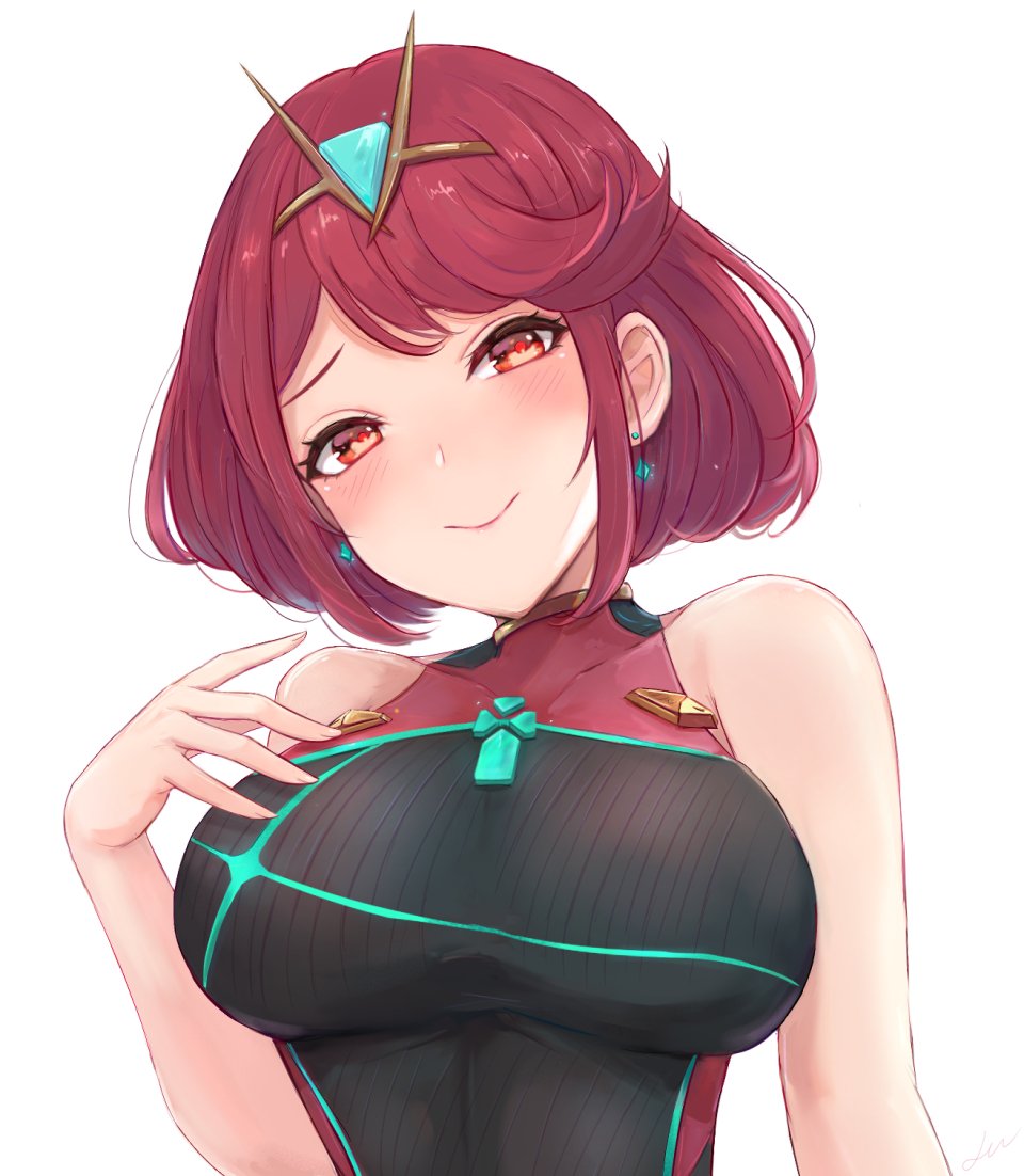 1girl bangs bare_shoulders black_swimsuit blush breasts closed_mouth collarbone commentary competition_swimsuit earrings english_commentary gem hand_on_own_chest head_tilt pyra_(xenoblade) impossible_clothes impossible_swimsuit jewelry large_breasts leonmandala looking_at_viewer one-piece_swimsuit red_eyes redhead short_hair simple_background smile solo swept_bangs swimsuit tiara upper_body white_background xenoblade_(series) xenoblade_2