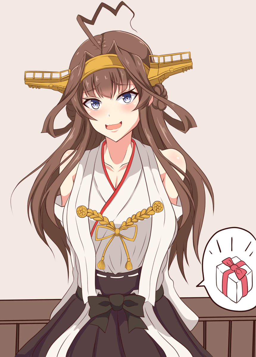 1girl ahoge arms_behind_back bare_shoulders blue_eyes brown_hair brown_skirt collarbone detached_sleeves double_bun hairband headgear highres japanese_clothes kantai_collection kongou_(kantai_collection) long_hair looking_at_viewer nontraditional_miko pechita pleated_skirt remodel_(kantai_collection) ribbon-trimmed_sleeves ribbon_trim skirt solo standing upper_body