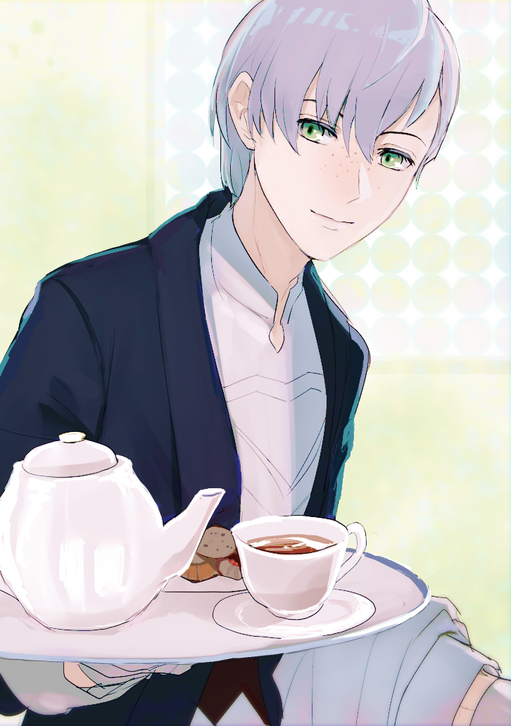 1boy alternate_costume ashe_ubert cookie cup fire_emblem fire_emblem:_three_houses food freckles gloves green_eyes grey_hair solo teacup teapot upper_body ushiomi