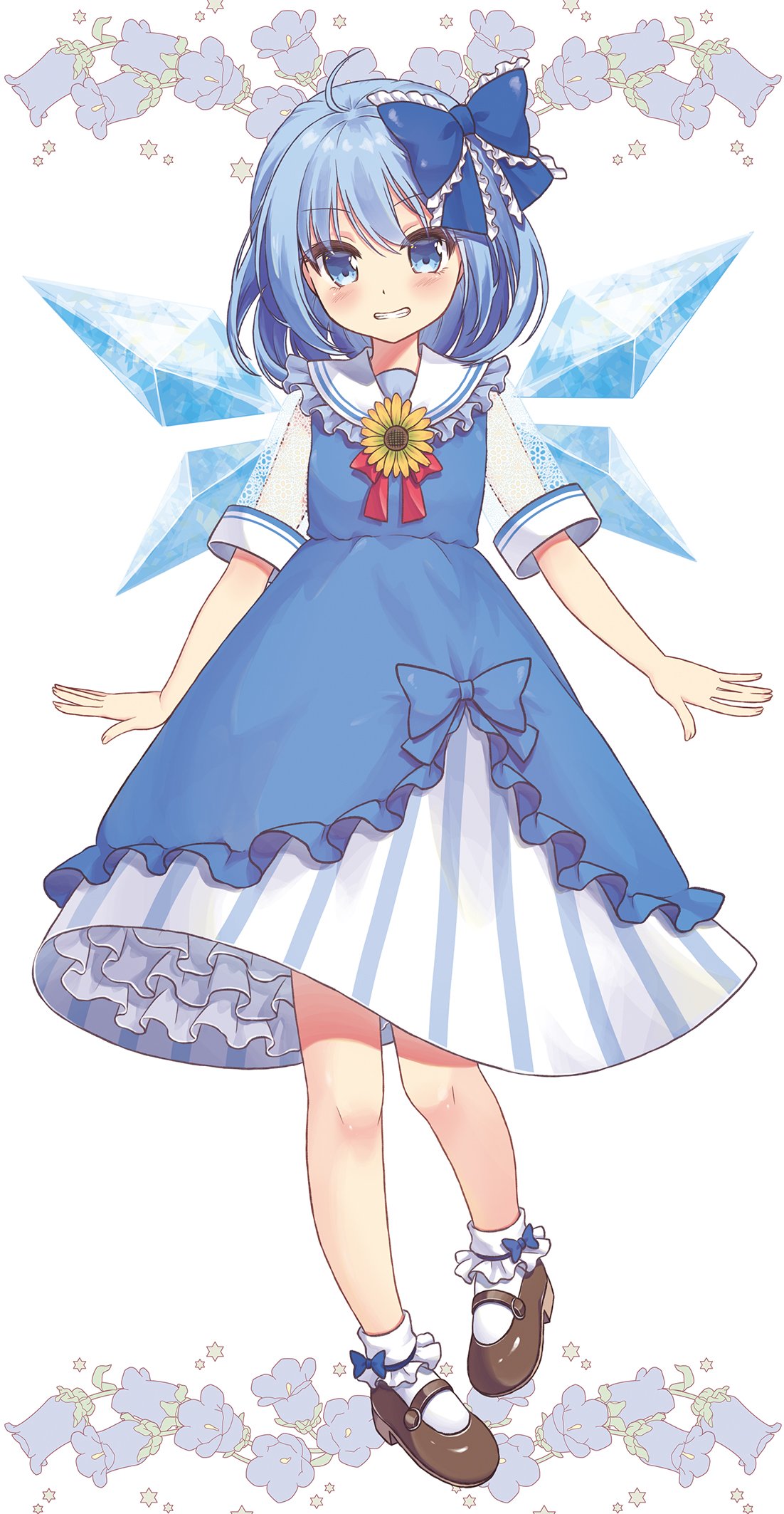 1girl adapted_costume ahoge bangs beni_kurage black_footwear blue_bow blue_dress blue_eyes blue_hair blush bobby_socks bow cirno commentary_request dress eyebrows_visible_through_hair flower frilled_bow frilled_shirt_collar frills full_body grin hair_bow highres ice ice_wings looking_at_viewer mary_janes petticoat red_neckwear red_ribbon ribbon see-through_sleeves shoes short_hair short_sleeves simple_background smile socks solo sunflower touhou white_background white_legwear wings