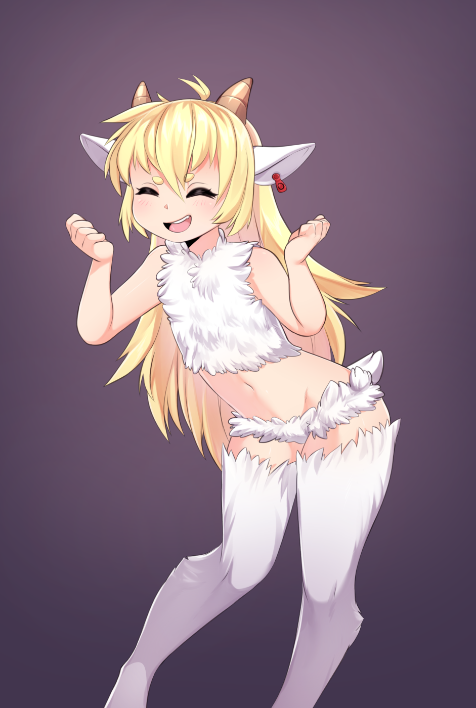 1girl :d ^_^ animal_ears bangs bare_arms bare_shoulders blonde_hair clenched_hands closed_eyes commentary ear_tag english_commentary fang fur hair_between_eyes hands_up highres horns iwbitu-sa long_hair midriff navel open_mouth original sheep_ears sheep_girl sheep_horns sheep_tail simple_background smile solo tail very_long_hair white_fur