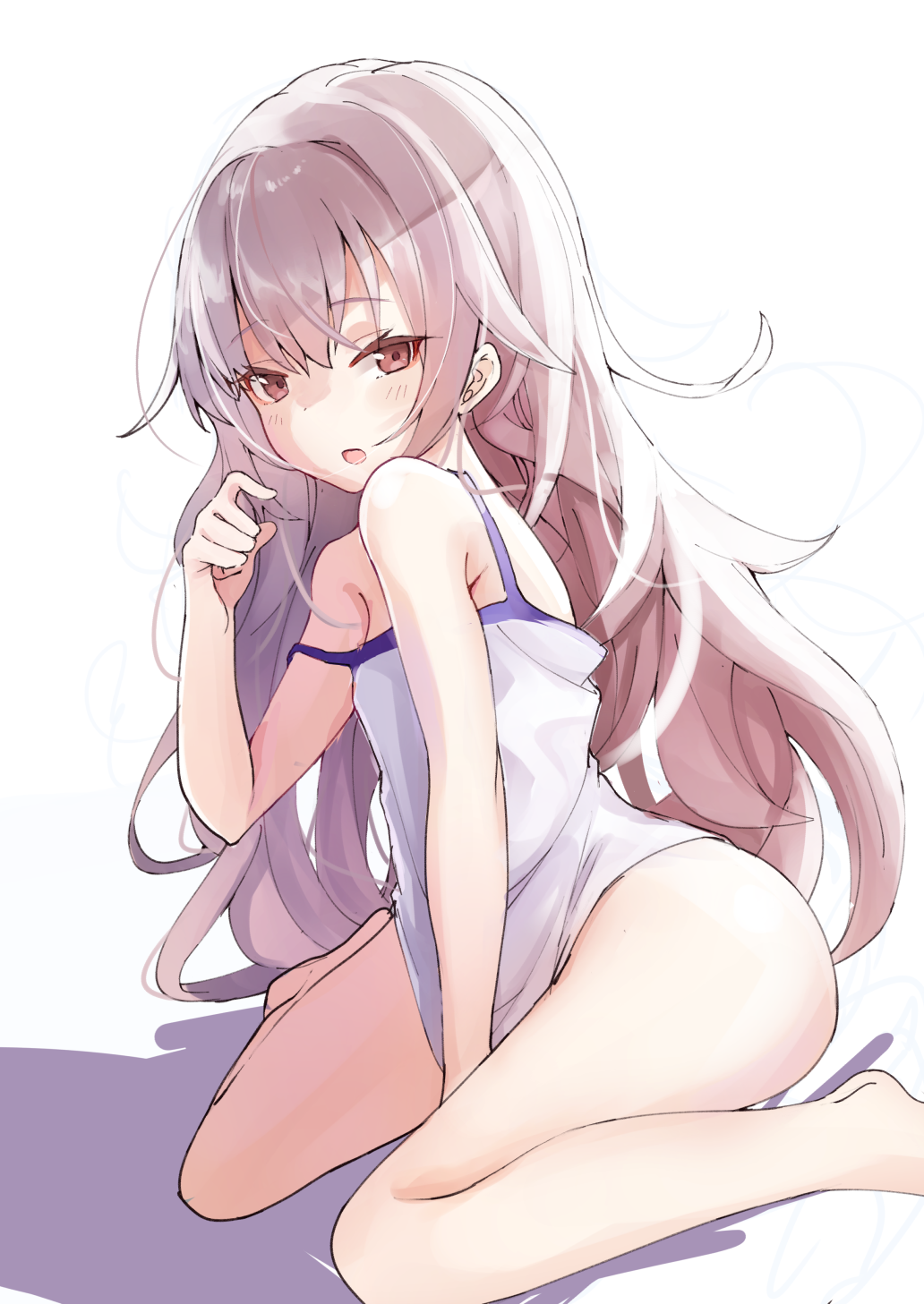 1girl :o alternate_hairstyle azur_lane bad_proportions bangs bare_arms bare_legs bare_shoulders barefoot blush bottomless breasts camisole commentary_request eyebrows_visible_through_hair foot_out_of_frame from_side highres laffey_(azur_lane) lavender_hair long_hair looking_at_viewer messy_hair open_mouth red_eyes sidelocks sitting small_breasts solo strap_slip teaspoon_(teabreak_otya) wariza