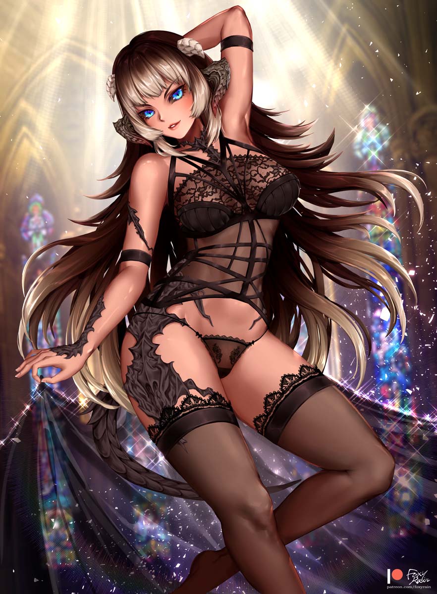 1girl arm_strap arm_up armpits au_ra bangs black_legwear black_panties blonde_hair blue_eyes blush breasts bustier dragon_horns dragon_tail eyebrows_visible_through_hair final_fantasy final_fantasy_xiv foxy_rain head_tilt highres horns indoors lingerie long_hair looking_at_viewer medium_breasts panties parted_lips scales see-through signature solo standing tail thigh-highs underwear underwear_only watermark web_address