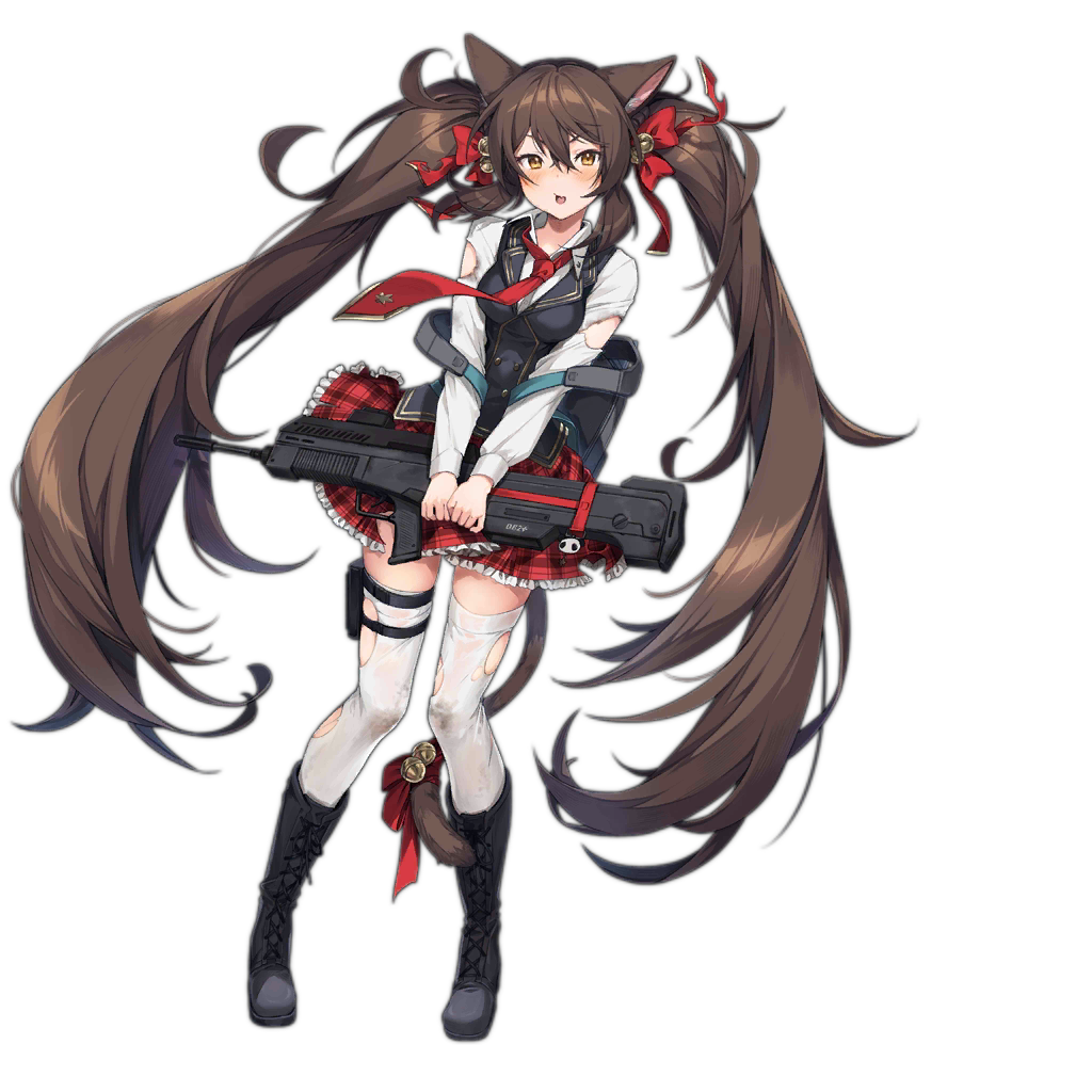 1girl alternate_costume animal_ear_fluff animal_ears backpack bag bangs bell blue_footwear blue_vest blush boots breasts brown_eyes brown_hair cat_ears cat_tail collared_shirt damaged double-breasted eyebrows_visible_through_hair fang food food_in_mouth full_body girls_frontline gun hair_bell hair_between_eyes hair_ornament hair_ribbon holding holding_gun holding_weapon jingle_bell long_hair long_sleeves looking_at_viewer nagu necktie official_art open_mouth petticoat qbz-97_(girls_frontline) red_neckwear red_ribbon red_skirt ribbon school_bag school_uniform shirt skin_fang skirt tail tail_bell thigh-highs thigh_strap torn_clothes transparent_background twintails very_long_hair vest weapon white_legwear white_shirt