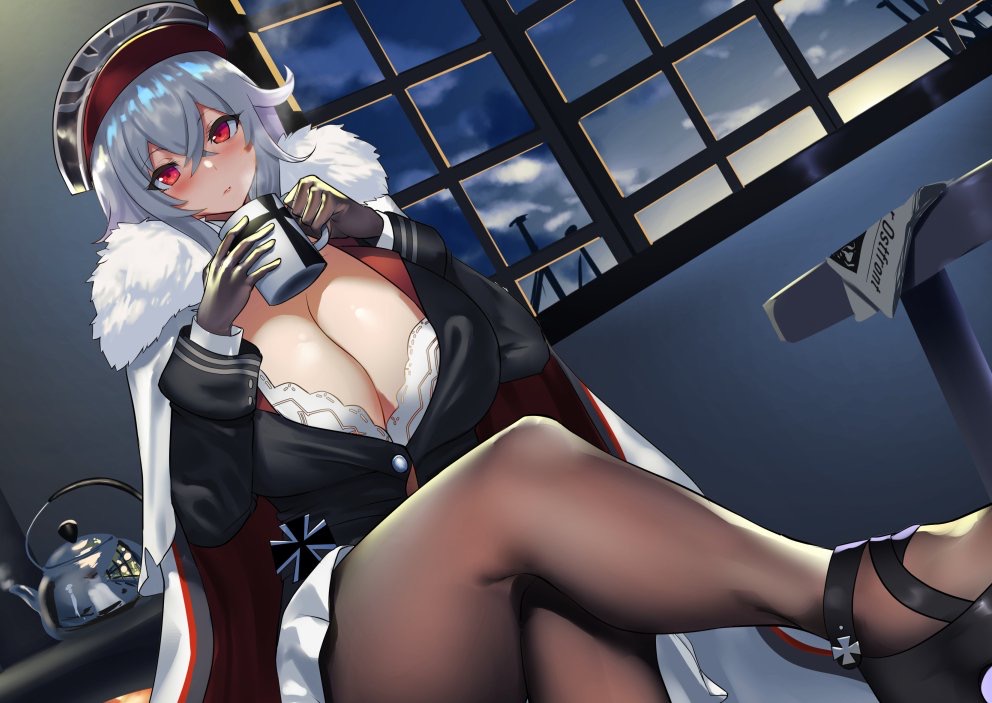 azur_lane bangs bra bra_peek cape crossed_bangs fur-trimmed_cape fur_trim graf_zeppelin_(azur_lane) hat iron_cross military_hat muunyan_(yumenekoya) peaked_cap silver_hair underwear