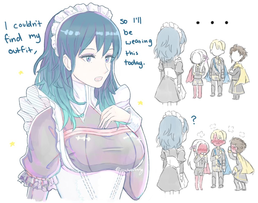 2boys 2girls blonde_hair blue_cape blue_eyes blue_hair blush brown_hair byleth_(fire_emblem) byleth_eisner_(female) cape claude_von_riegan dimitri_alexandre_blaiddyd edelgard_von_hresvelg english_commentary english_text fire_emblem fire_emblem:_three_houses from_behind garreg_mach_monastery_uniform hetero lissatrashart long_hair long_sleeves maid maid_headdress medium_hair multiple_boys multiple_girls open_mouth red_cape short_hair simple_background twitter_username uniform white_background yellow_cape yuri