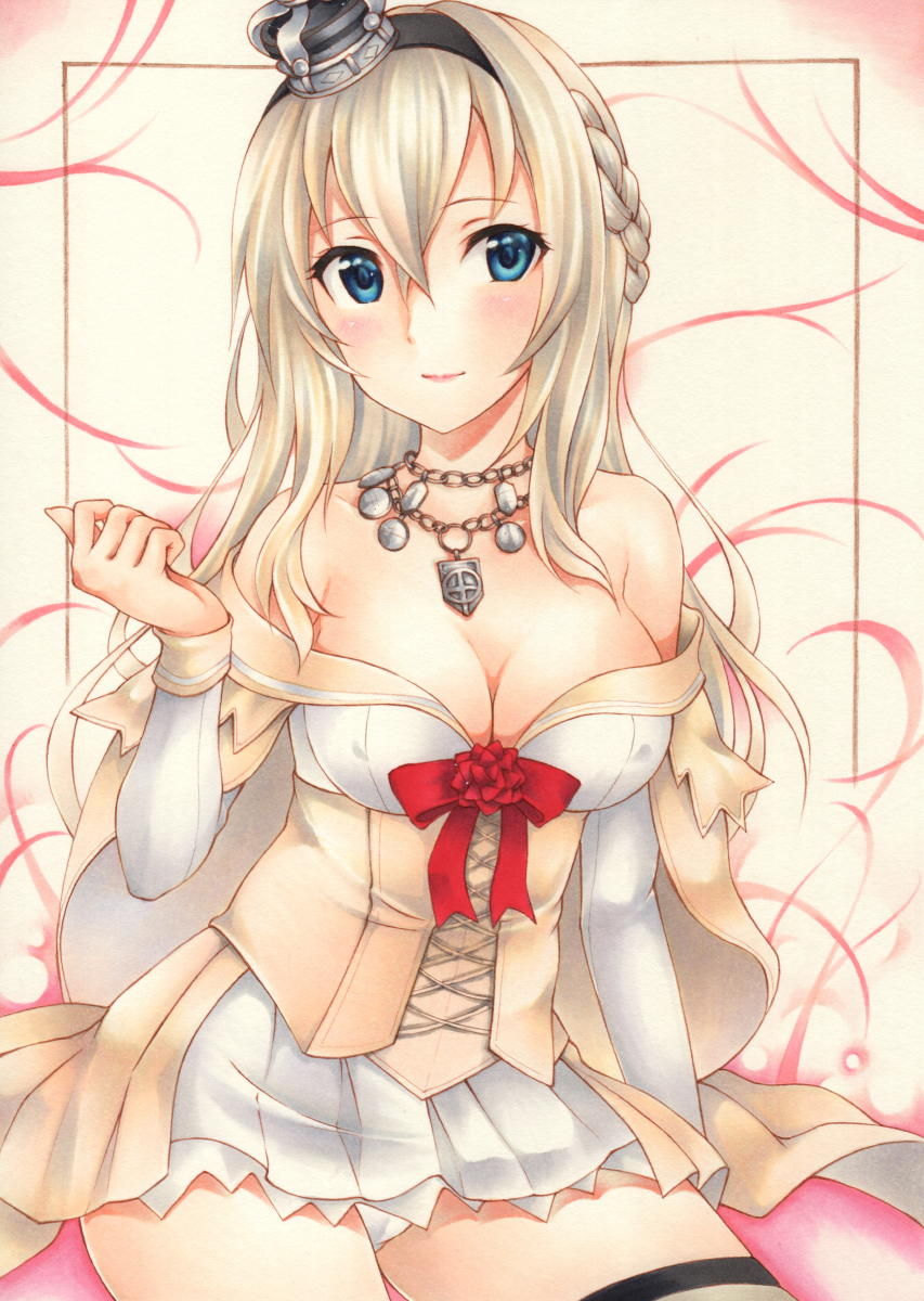 1girl bare_shoulders black_hairband blonde_hair blue_eyes braid breasts collarbone corset cowboy_shot crown dress flower french_braid hairband highres jewelry kantai_collection long_hair long_sleeves marker_(medium) medium_breasts mini_crown necklace off-shoulder_dress off_shoulder red_flower red_ribbon red_rose ribbon rose solo thigh-highs traditional_media warspite_(kantai_collection) white_dress white_legwear yoruoujito-tsukinohime