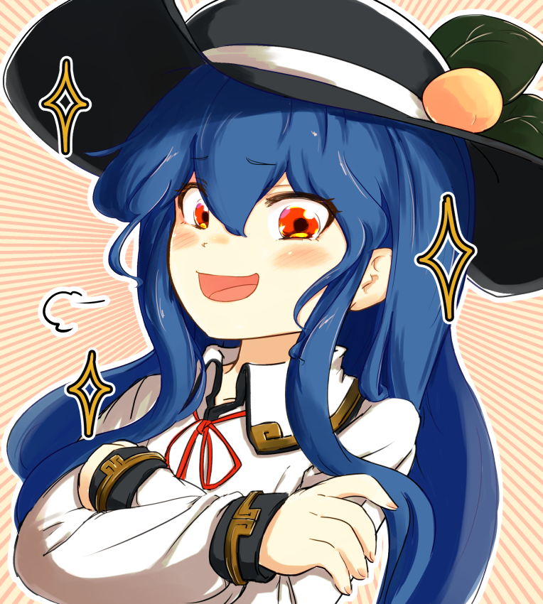 1girl :d =3 bangs blouse blue_hair collarbone collared_blouse commentary_request crossed_arms eyebrows_visible_through_hair food food_on_head fruit fruit_on_head hair_between_eyes hand_on_own_arm hat hinanawi_tenshi laughing leaf leaf_on_head long_hair long_sleeves looking_at_viewer object_on_head open_mouth orange_background outline peach red_eyes red_neckwear red_ribbon ribbon sidelocks smile sparkle touhou uisu_(noguchipint) upper_body white_blouse wing_collar