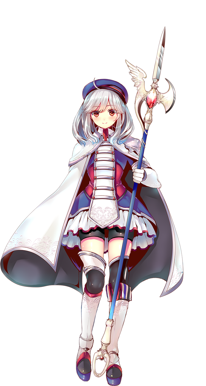 1girl ahoge alicia_(sennen_sensou_aigis) beret bike_shorts blush boots cape frilled_shirt frills full_body halberd hat highres long_hair looking_at_viewer official_art polearm red_eyes sennen_sensou_aigis shirt shorts shorts_under_skirt silver_hair smile solo tachi-e thigh-highs thigh_boots weapon