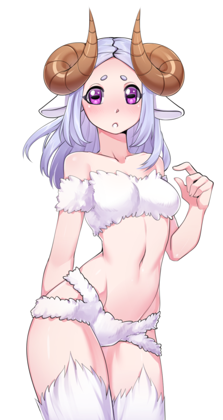 1girl :o animal_ears bare_shoulders blush breasts collarbone commentary contrapposto curled_horns english_commentary fur hand_up highres horizontal_pupils horns iwbitu-sa lavender_hair long_hair looking_at_viewer navel original sheep_ears sheep_girl sheep_horns simple_background small_breasts solo stomach violet_eyes white_background white_fur