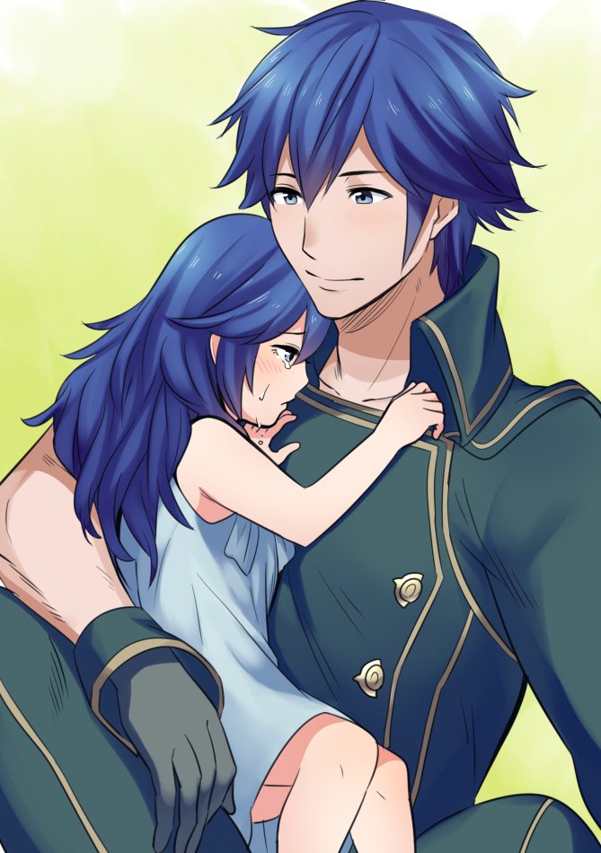 1boy 1girl ameno_(a_meno0) black_gloves blue_dress blue_eyes blue_hair blush buttons chrom_(fire_emblem) closed_mouth collarbone commentary_request crying crying_with_eyes_open dress eyebrows_visible_through_hair father_and_daughter fire_emblem fire_emblem_awakening gloves hair_between_eyes hug krom long_hair looking_at_another lucina lucina_(fire_emblem) open_eyes short_hair sleeveless smile tears younger