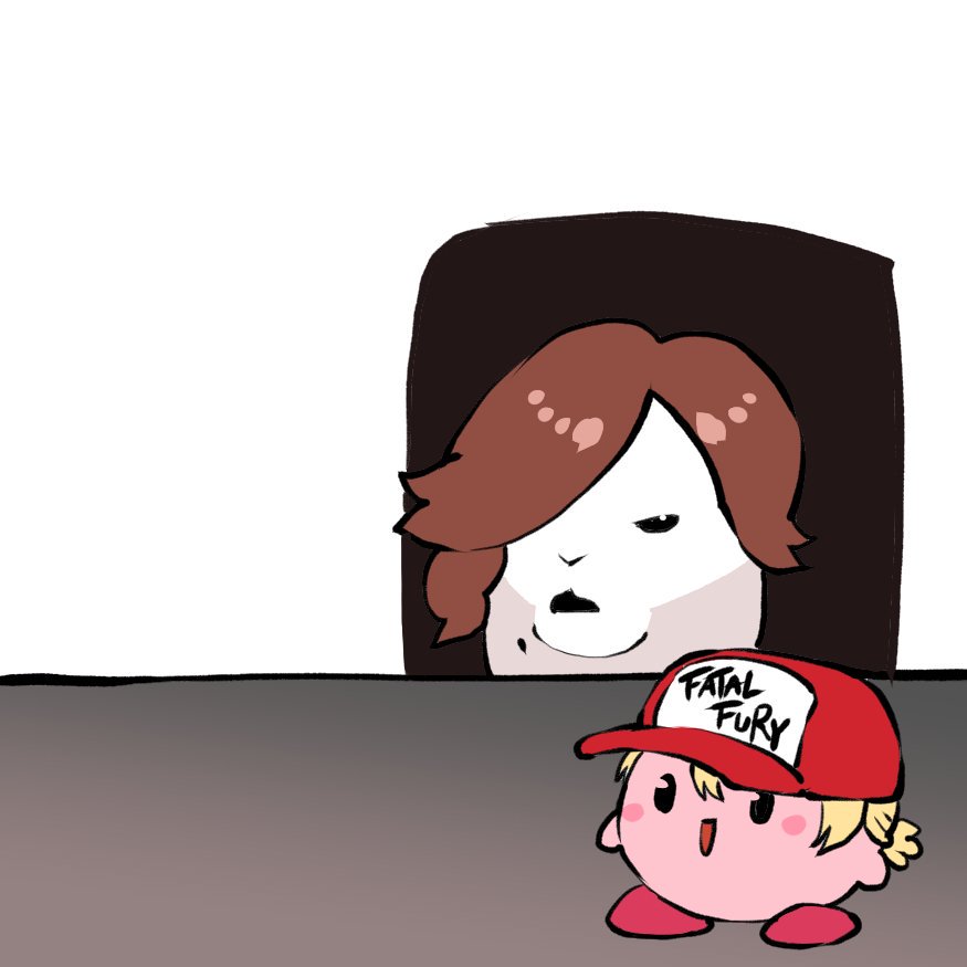 2boys animalization blush_stickers cat commentary copy_ability cosplay english_commentary fatal_fury hair_over_one_eye hal_laboratory_inc. hoshi_no_kirby idohj12 kirby kirby_(series) meme multiple_boys nintendo pink_puff_ball real_life sakurai_masahiro smash_is_for_good_boys_and_girls snk sora_(company) super_smash_bros. terry_bogard terry_bogard_(cosplay) the_king_of_fighters white_cat woman_yelling_at_cat