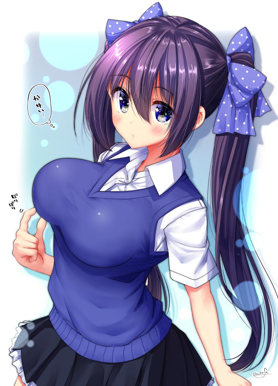 1girl black_skirt blue_bow blue_eyes blue_vest blush bow breasts closed_mouth collared_shirt commentary_request eyebrows_visible_through_hair hair_between_eyes hair_bow hand_up highres impossible_clothes large_breasts long_hair mokufuu original pleated_skirt polka_dot polka_dot_bow purple_hair school_uniform shirt simple_background skirt solo speech_bubble twintails two_side_up upper_body vest white_shirt