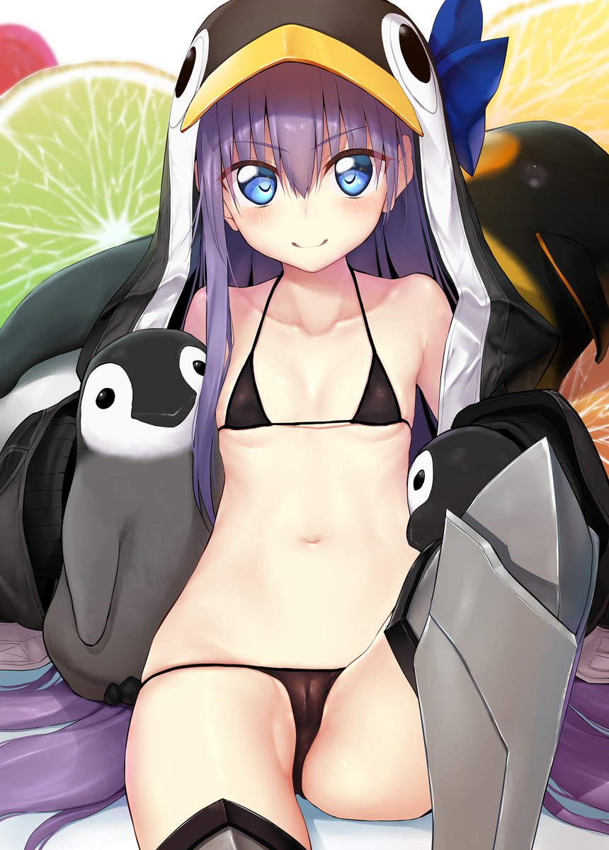 1girl animal_hood bangs bare_shoulders bikini bird black_bikini black_jacket blue_bow blue_eyes blush bow breasts choker closed_mouth collarbone fate/grand_order fate_(series) food fruit greaves hair_between_eyes highres hood jacket knee_up lemon lemon_slice lime_slice long_hair looking_at_viewer meltryllis meltryllis_(swimsuit_lancer)_(fate) micro_bikini navel open_clothes open_jacket penguin penguin_hood purple_hair sitting sleeves_past_fingers sleeves_past_wrists small_breasts smile suga_hideo swimsuit thighs very_long_hair