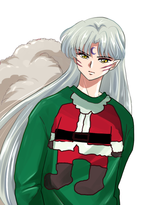 1boy alternate_costume daytodaydesire facial_mark floating_hair green_sweater inuyasha long_hair male_focus pointy_ears print_sweater sesshoumaru silver_hair simple_background solo sweater very_long_hair white_background yellow_eyes