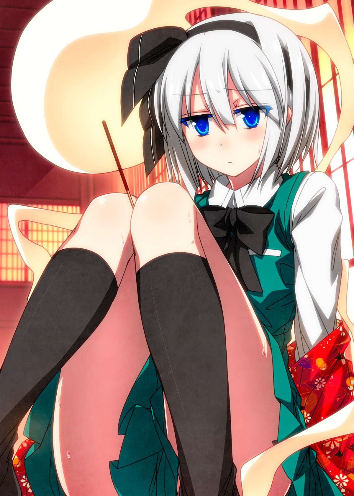 1girl between_legs black_bow black_hairband black_legwear black_neckwear blue_eyes blush bow bowtie closed_mouth colored_eyelashes eyebrows_visible_through_hair feet_out_of_frame food frown ghost green_skirt green_vest hair_between_eyes hairband highres indoors kneehighs konpaku_youmu konpaku_youmu_(ghost) long_sleeves looking_at_viewer miniskirt pleated_skirt pocky pocky_day sad sazanami_mio shirt short_hair silver_hair sitting skirt solo touhou vest white_shirt