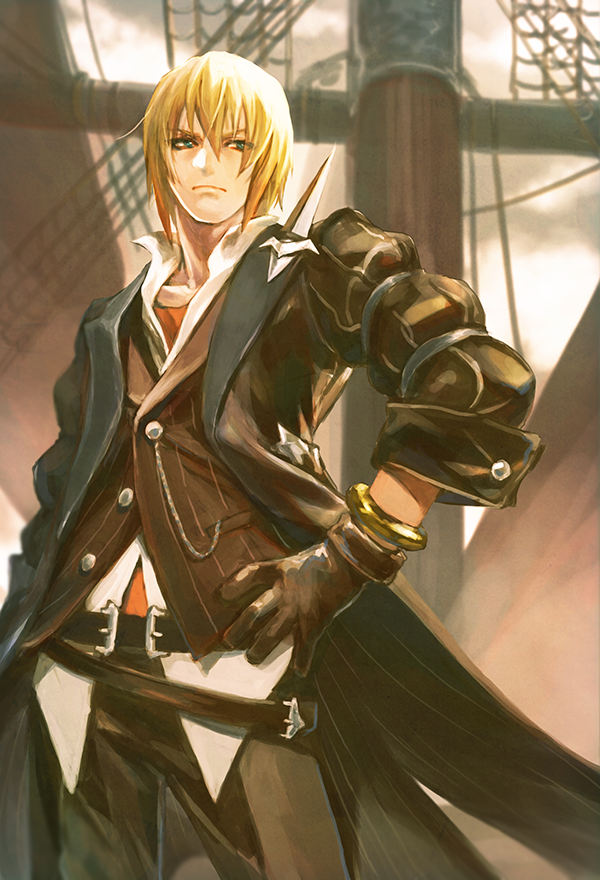 1boy bangs belt black_belt black_coat black_pants blonde_hair blurry blurry_background bracelet brown_gloves brown_jacket closed_mouth clouds cloudy_sky coat cowboy_shot dress_shirt eizen_(tales) frown gloves green_eyes hair_between_eyes hand_on_hip isa_(peien516) jacket jewelry male_focus open_clothes open_coat outdoors pants ship shirt sky solo standing tales_of_(series) tales_of_berseria watercraft white_shirt