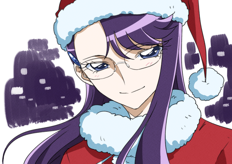 1girl asymmetrical_bangs bangs blue_eyes closed_mouth fur-trimmed_hat glasses hair_ornament hairclip hat heartcatch_precure! long_hair looking_at_viewer portrait precure purple_hair red_headwear rimless_eyewear santa_costume santa_hat shiny shiny_hair smile solo tsukikage_oyama tsukikage_yuri