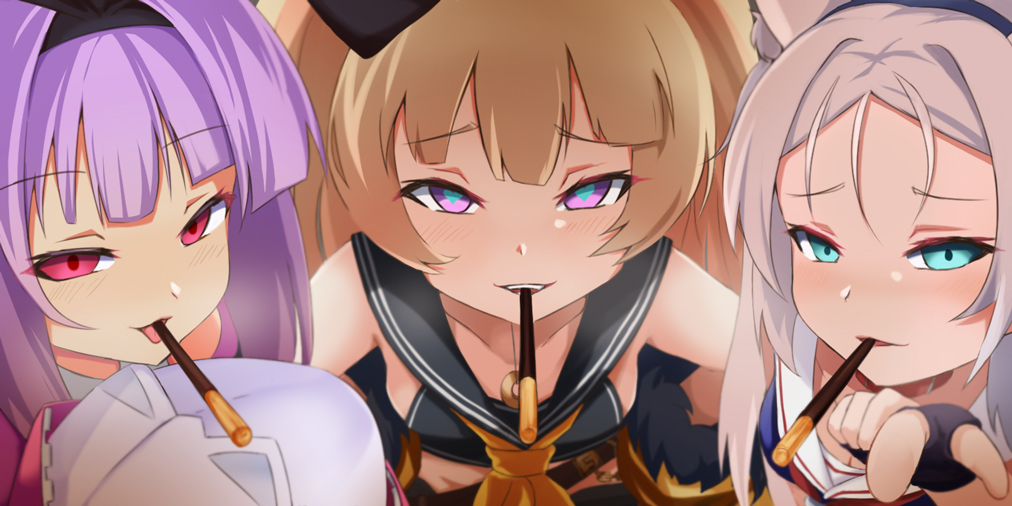 3girls aoi_minato_(aoi3710blueport) azur_lane bache_(azur_lane) bangs bare_shoulders black_gloves black_sailor_collar blonde_hair blush collarbone commentary_request eyebrows_visible_through_hair fingerless_gloves food food_in_mouth forehead foreshortening gloves grey_hair heart heart-shaped_pupils hobby_(azur_lane) lavender_eyes lavender_hair looking_at_viewer multiple_girls neckerchief pocky pocky_day pocky_kiss pointing pointing_at_viewer pov red_eyes sailor_collar sidelocks sims_(azur_lane) smile smug symbol-shaped_pupils yellow_neckwear