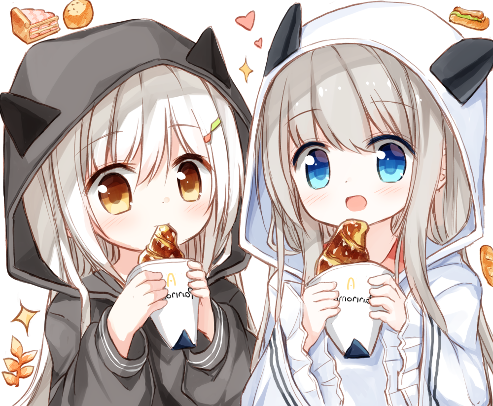 2girls :d bangs blue_eyes blush brown_eyes closed_mouth eating eyebrows_visible_through_hair food grey_hair grey_robe hair_between_eyes heart holding holding_food hood hood_up hooded_robe long_hair long_sleeves multiple_girls open_mouth original puffy_long_sleeves puffy_sleeves robe rope simple_background sleeves_past_wrists smile sparkle upper_body white_background white_hair white_rope wide_sleeves yuuhagi_(amaretto-no-natsu)