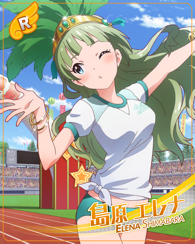 bloomers blue_eyes blush character_name green_hair idolmaster_million_live!_theater_days long_hair shimabara_elena sports wink