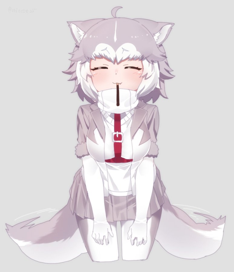 1girl :3 ^_^ afterimage ahoge animal_ear_fluff animal_ears belt breasts closed_eyes cowboy_shot cropped_legs dog_(mixed_breed)_(kemono_friends) dog_ears dog_girl dog_tail elbow_gloves facing_viewer fang fang_out food fur-trimmed_sleeves fur_trim gloves grey_background grey_hair grey_skirt incoming_pocky_kiss jacket kemono_friends leaning_forward medium_breasts mouth_hold multicolored_hair nyifu pleated_skirt pocky pocky_day short_hair short_sleeves simple_background skirt smile solo tail tail_wagging two-tone_hair white_gloves white_hair