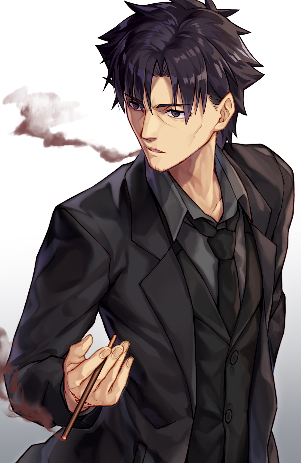 1boy between_fingers black_eyes black_hair black_jacket black_neckwear black_shirt collared_shirt commentary_request emiya_kiritsugu facial_hair fate/zero fate_(series) food formal gradient gradient_background highres holding holding_food jacket katoroku long_sleeves looking_away looking_to_the_side male_focus necktie open_clothes open_jacket pocky shirt smoke smoking stubble suit upper_body white_background wing_collar