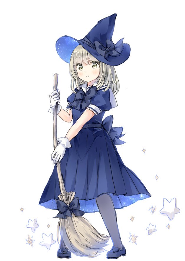 1girl black_bow blue_footwear blue_headwear blue_serafuku blue_shirt blue_skirt blush bow broom brown_eyes brown_hair commentary_request full_body gloves grey_legwear hat hat_bow holding holding_broom loafers long_hair original pantyhose parted_lips pleated_skirt puffy_short_sleeves puffy_sleeves sailor_collar shirt shoes short_sleeves skirt smile solo standing star wataame27 white_background white_gloves white_sailor_collar witch_hat